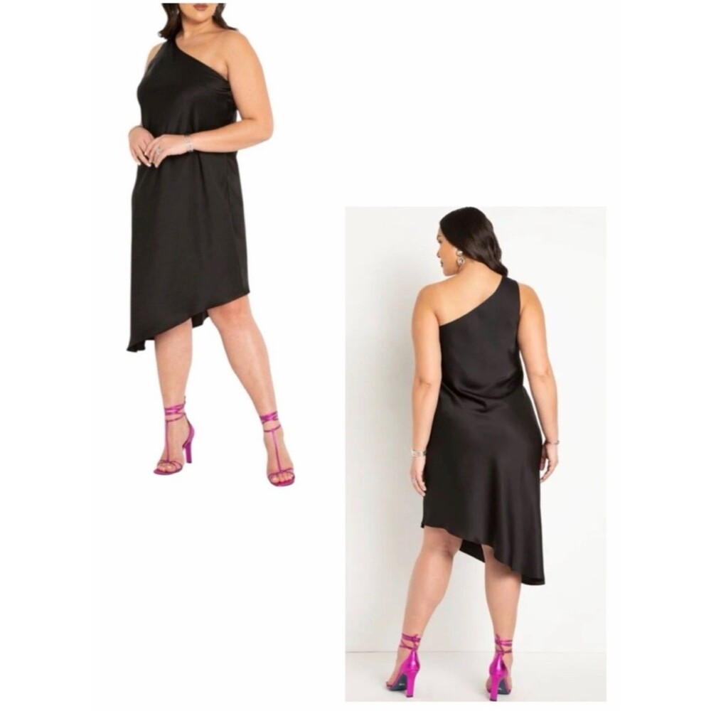 ELOQUII NWT Black One Shoulder Bias Cut Satin One Shoulder Dress 20